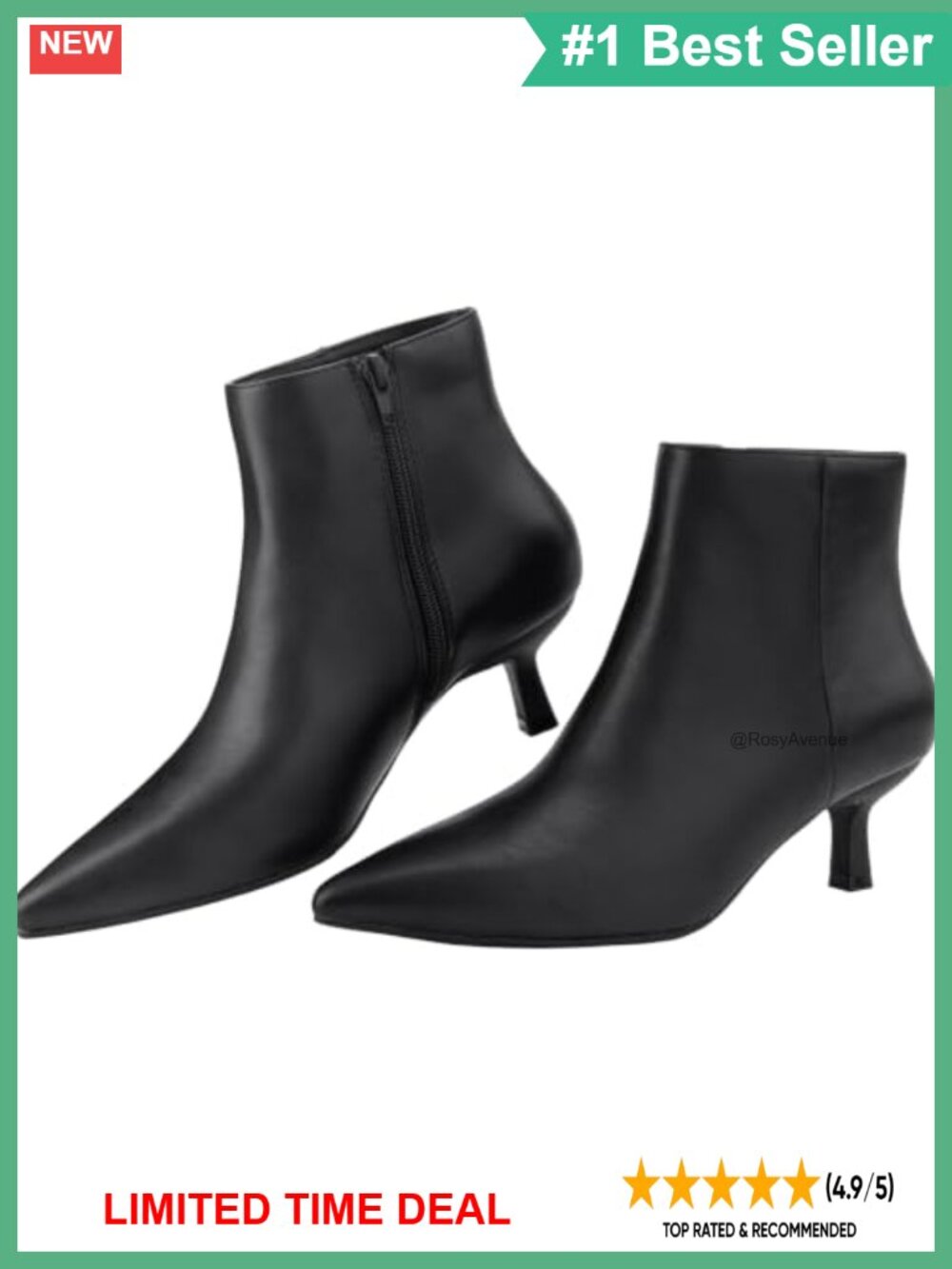 Pointed Toe Kitten Heel Ankle Booties Faux Leather Side Zip